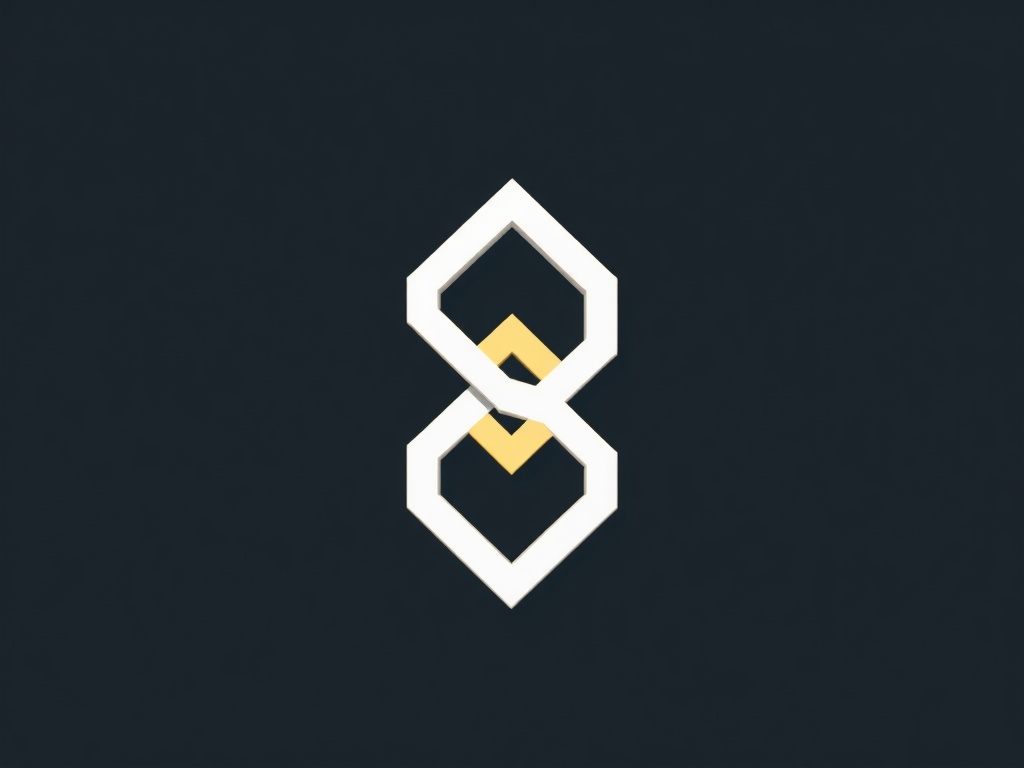 A minimalist geometric logo mark, two interlocking shapes, gold and white, 3D rendered, clean lines, 8k, commercial style.